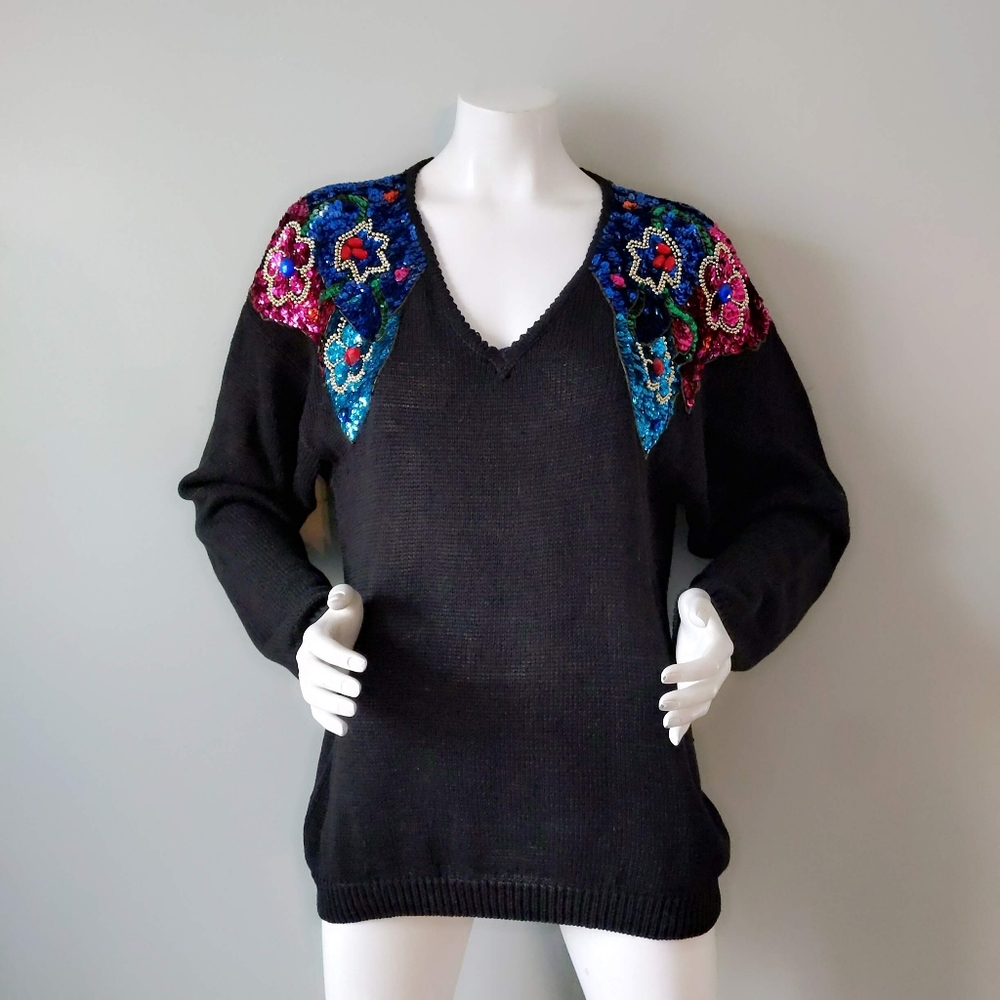 Vtg Heavily Beaded Sequin Shoulder V Neck Holiday Sweater M